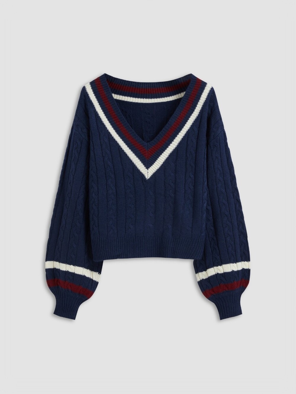 Cider Cable Knit V-Neck Sweater Navy Red White Balloon Sleeve Preppy Large NWT